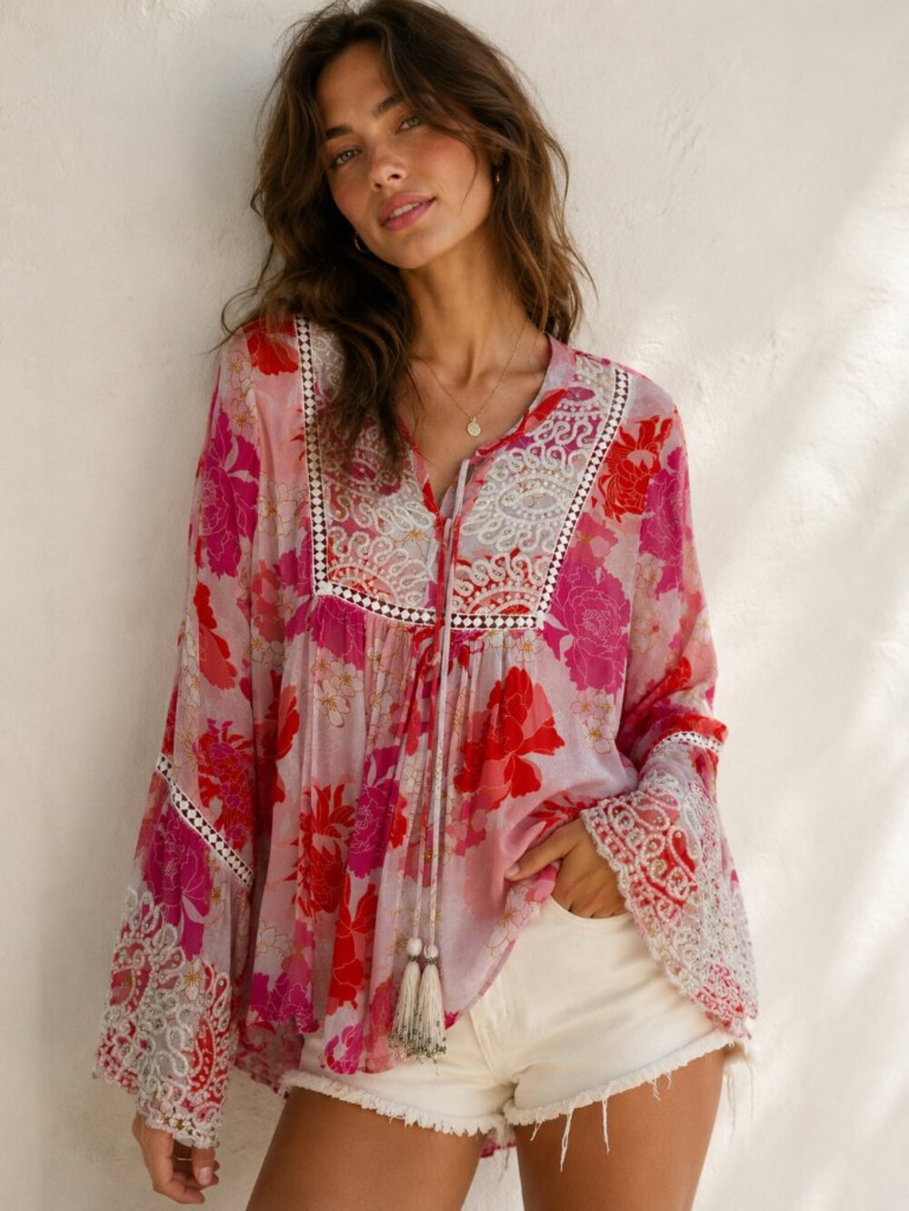 Miss June Paris Pink Floral Boho Blouse Embroidered Bell Sleeve Tassel Large